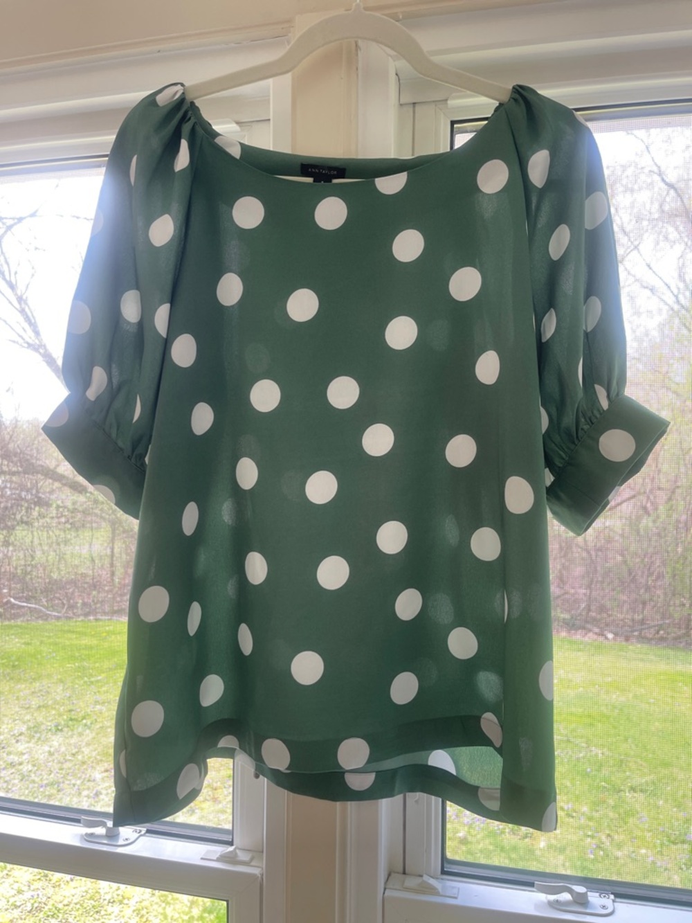 Ann Taylor Green Polka Dot Blouse with White Dots